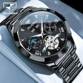 JSDUN Skeleton Flywheel Fully Automatic Mechanical Watch for Men Top Luxury Ceramics Strap Moon Phase Calendar Men's Wristwatch